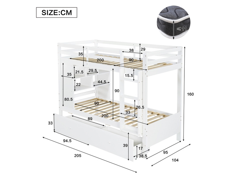 Lit superposé enfant 90 x 200 cm avec 2 tiroirs, étagère ouverte et échelle, gain de place pour 2 enfants, bois, blanc OMNIGLINT TRADING LTD - Conforama D