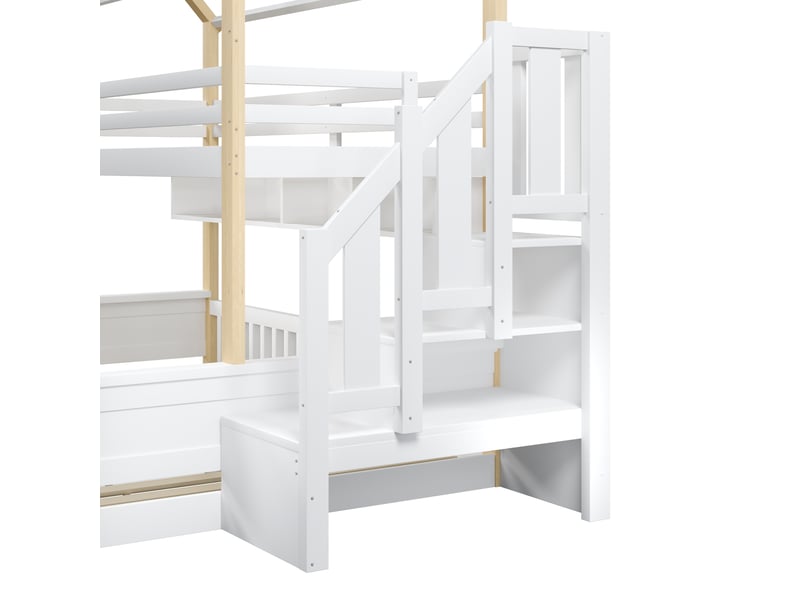  Lit superposé 90 × 200 et 140 × 200 cm, cabane, led, escalier à rangements, étagères, barrières, blanc et bois naturel  - Conforama E