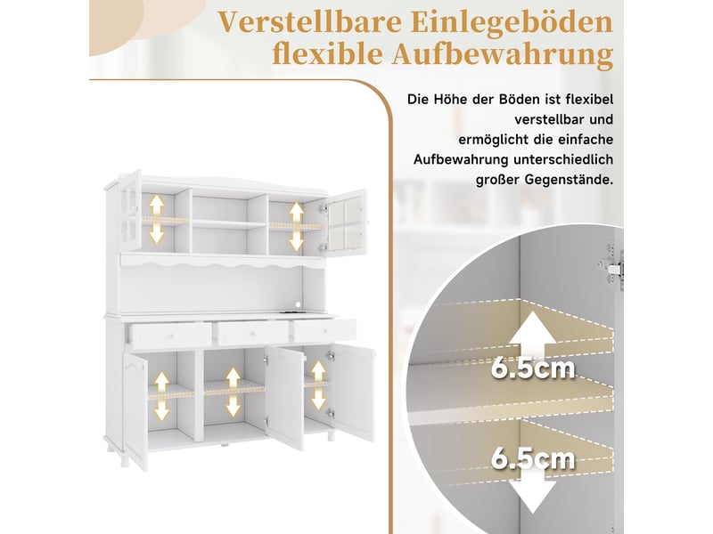  Buffet haut cuisine 135x40x185 cm blanc, meuble de rangement avec prises usb-c usb-a et led, étagères réglables, tiroirs et placards  - Conforama E