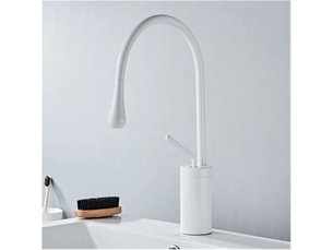 Robinet de salle de bain avec bras pivotant à 360° et design en forme de larme, mitigeur blanc, profil bas