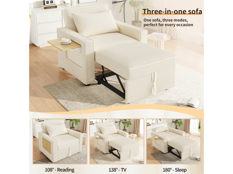  Canapé lit 1 place pliable velours côtelé beige fauteuil relax convertible avec port usb et support téléphone gain de place  - Conforama C