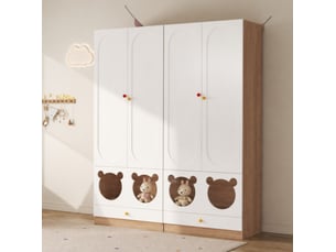 Armoire enfant 2 portes avec penderie, étagères et tiroirs, bords arrondis, en mdf blanc et naturel, 80 × 50 × 200 cm