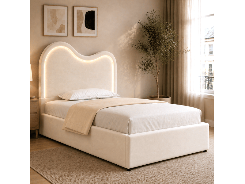  Lit enfant 90x200 cm en velours beige avec rangement hydraulique  - Conforama E