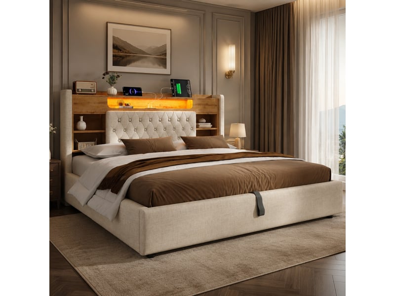  Cadre de lit 180x200 cm en lin avec coffre hydraulique, led et ports usbusb-c beige chicfurn  - Conforama B