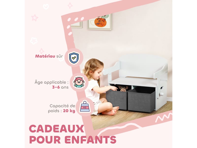  Coffre à jouet enfant 3 en 1, ensemble table et chaises avec 2 bacs en tissu amovibles, blanc, 67,5 x 46,5 x 56,7 cm  - Conforama W