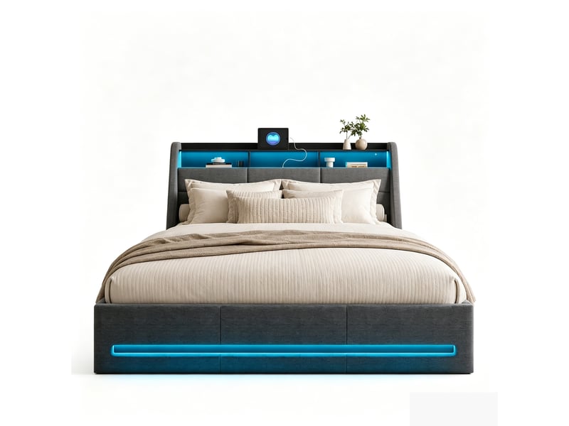  Lit coffre 160x200 cm, lit double avec espace de rangement et sommier à lattes, tête de lit led avec compartiment de rangement et usb, sans matelas  - Conforama A