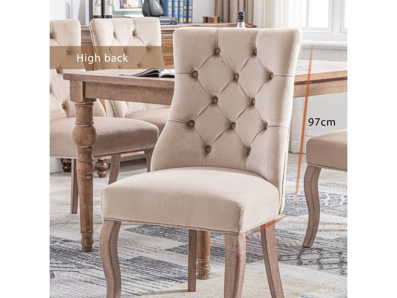  Chaise de salle à manger lot de 6, velours beige rembourré, dossier haut ergonomique, structure bois massif  - Conforama E