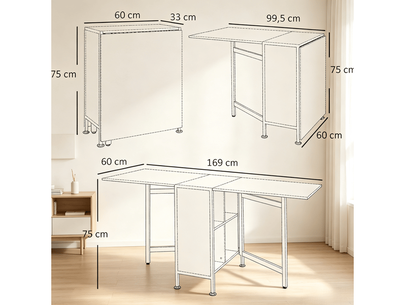 Table à manger pliante extensible 170 cm avec 4 niches, blanc et chêne clair - Conforama C