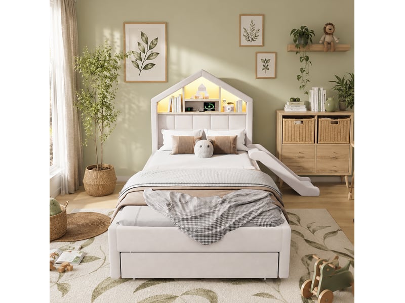 Lit enfant tcqpz 90 x 200 cm rembourré avec toboggan réversible led rangement beige - Conforama E