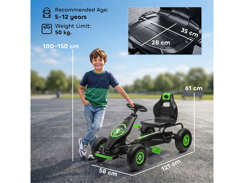  Kart à pédales pour enfant siège réglable 3 positions frein à main enfant de 5 à 12 ans vert noir  - Conforama E