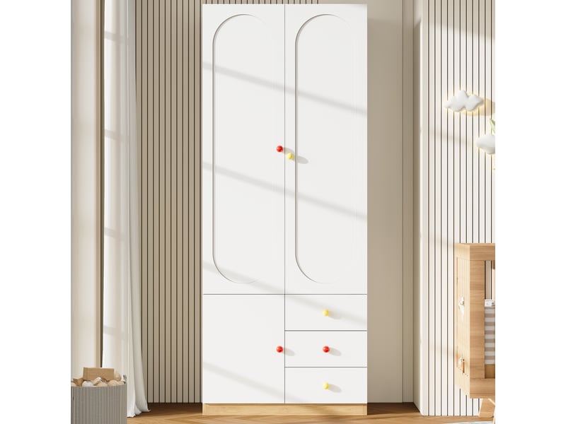  Armoire enfant - 80x50x200 cm - armoire de chambre avec 2 portes et 3 tiroirs, penderie et poignées en céramique - blanc  - Conforama C
