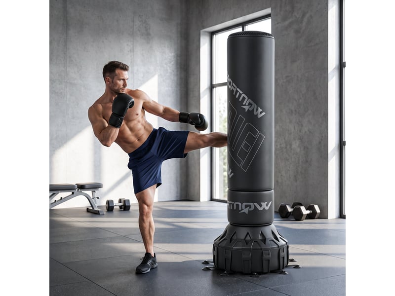  Sac de frappe autoportant de 180 cm, avec base à ventouses, lestable, amortisseur de chocs, gants inclus, pour l'entraînement à la boxe  - Conforama C