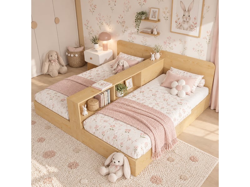  Lit enfant en bois, 2 couchages de 90 x 200 cm chacun, avec cloison centrale et espaces de rangement de chaque côté  - Conforama D