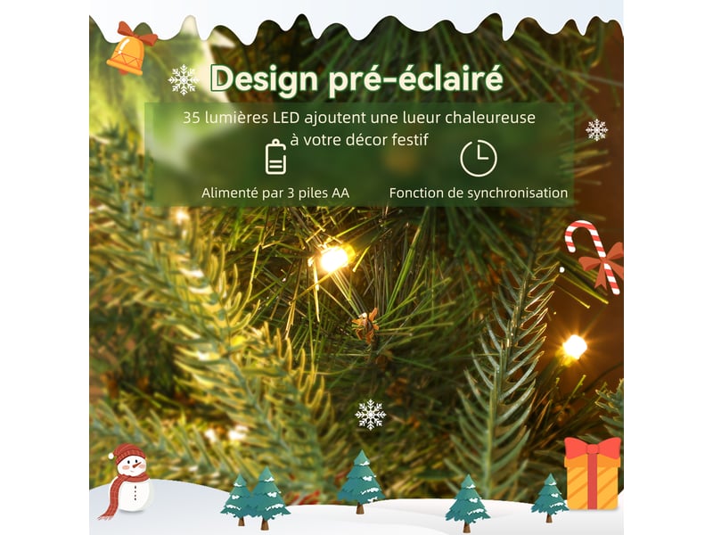  Couronne de noël lumineuse 60 cm avec 35 led, minuterie, 170 pointes, pommes de pin, feuilles de houx, baies, vert  - Conforama E