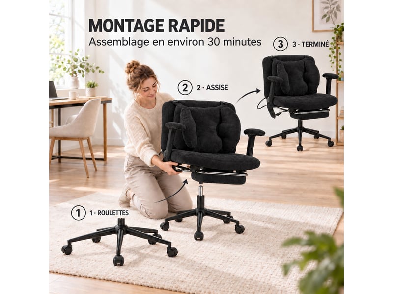  Fauteuil de bureau ergonomique en tissu respirant, coussin lombaire gonflable réglable, assise large pour s’asseoir, noir  - Conforama C