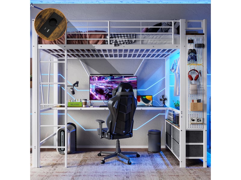  Lit mezzanine 90 x 200 cm bureau intégré penderie 4 tiroirs panneau perforé led ports usb-c métal blanc sans matelas  - Conforama B