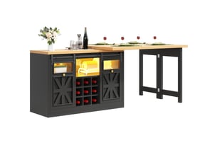 Îlot de cuisine extensible 120-197 x 40 x 72 cm, portes coulissantes vitrées et éclairage led rgb, noir, en mdf robuste
