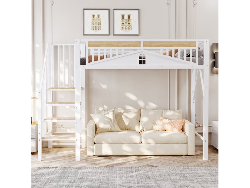  Lit mezzanine enfant 90x200 cm en métal blanc avec échelle sécurisée  - Conforama E