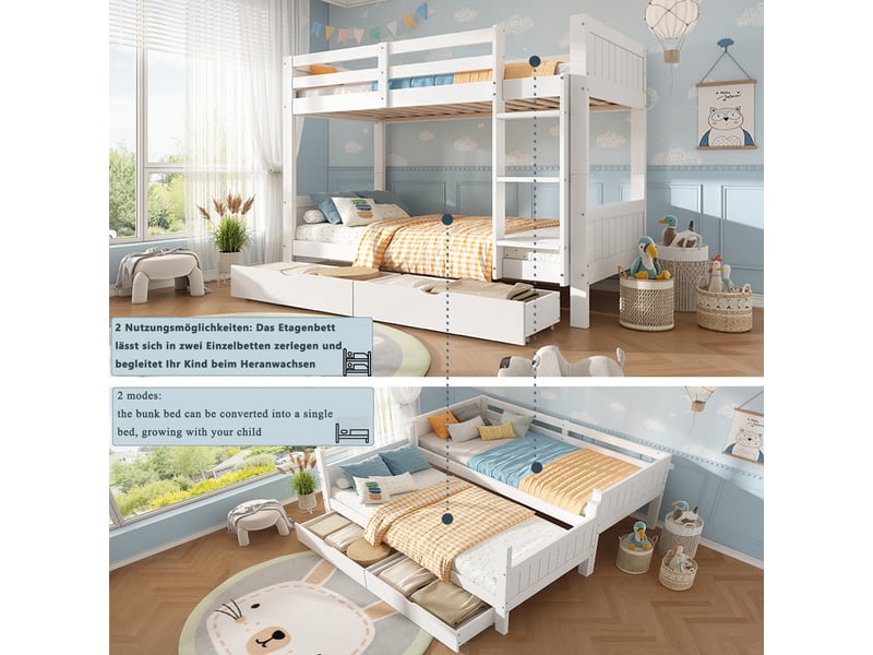  Lit superposé 90x200 cm en bois, séparable en 2 lits simples, avec échelle, barrières de sécurité et tiroirs - blanc  - Conforama D