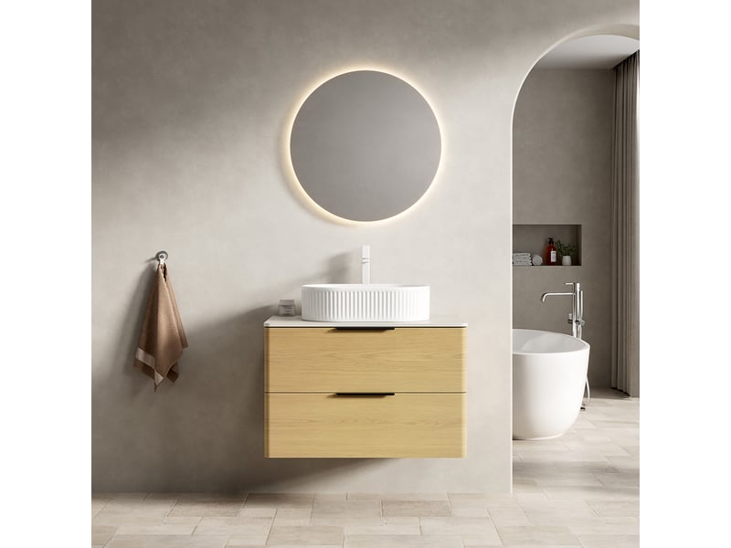 Meuble sous vasque avec 2 tiroirs et vasque ovale en céramique, plateau en pierre frittée, salle de bain, beige et chêne - Conforama C