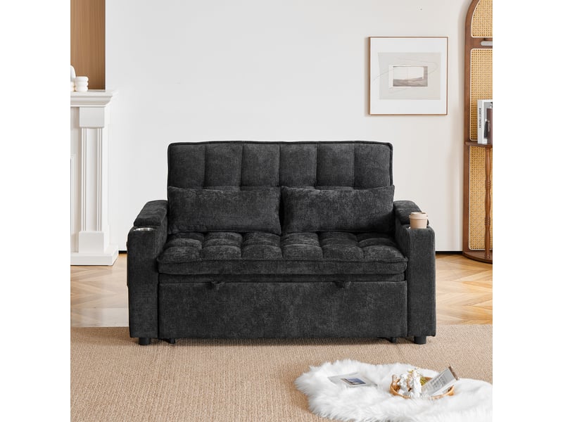  Canapé 2 places 3-en-1, canapé convertible 142x89x89 cm en chenille noire avec rangement  - Conforama W