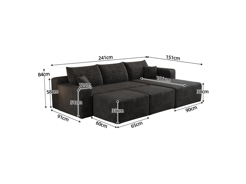 Canapé d'angle modulaire 3 places avec 2 poufs 241 x 151 x 58 cm, assise profonde, design nuage, livré monté, velours côtelé, noir Bliss Lite - Conforama C