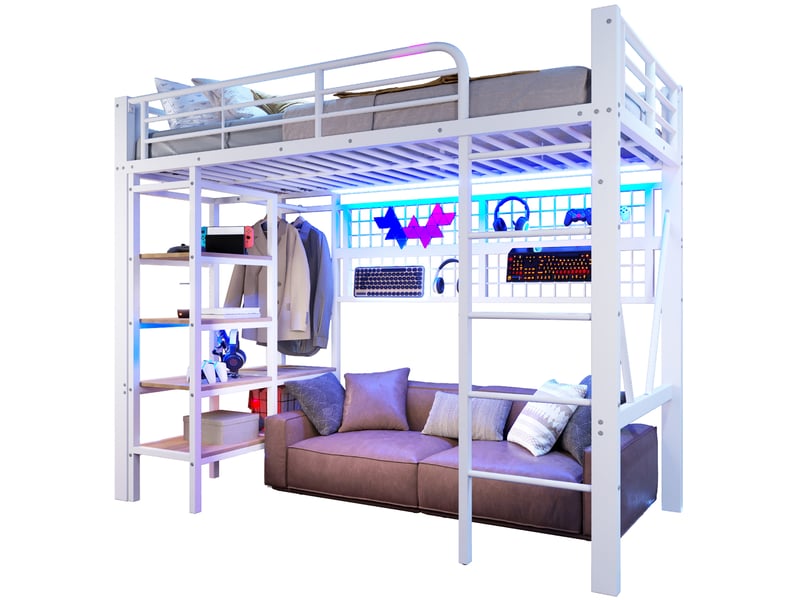  Lit mezzanine 90 x 200 cm, structure métal, led, bureau, étagères, panneau perforé, usb, sans matelas, blanc  - Conforama A