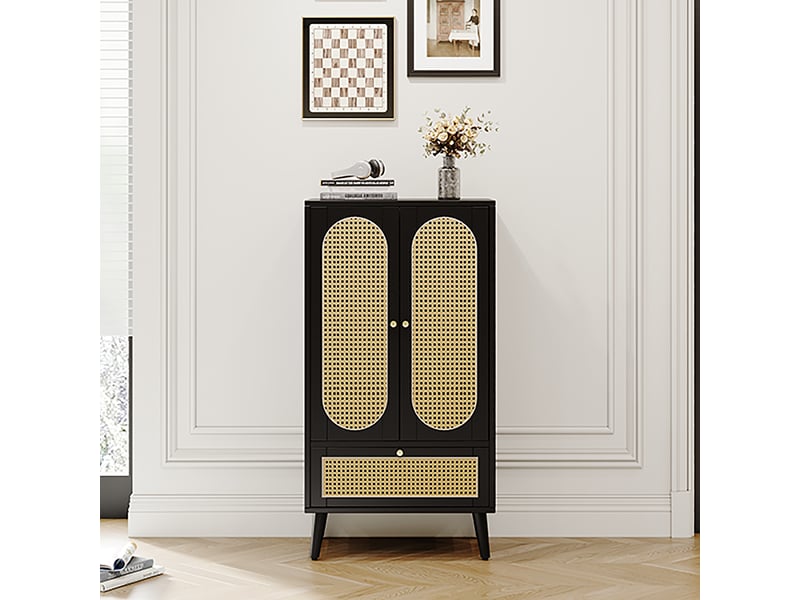 Buffet haut 60x40x110,5 cm avec portes cannage rotin, 2 portes, 1 tiroir et étagères, meuble rangement noir en panneau de particules - Conforama B