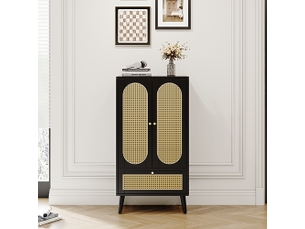 Buffet haut 60x40x110,5 cm avec portes cannage rotin, 2 portes, 1 tiroir et étagères, meuble rangement noir en panneau de particules