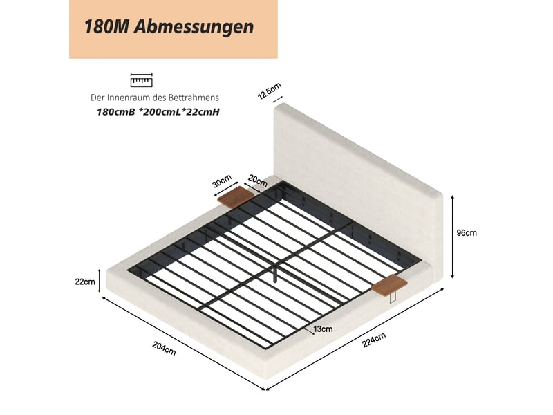  Lit double 180x200 cm avec 2 tables de chevet coulissantes, cadre rembourré et bords doux, structure métallique, blanc crème  - Conforama D