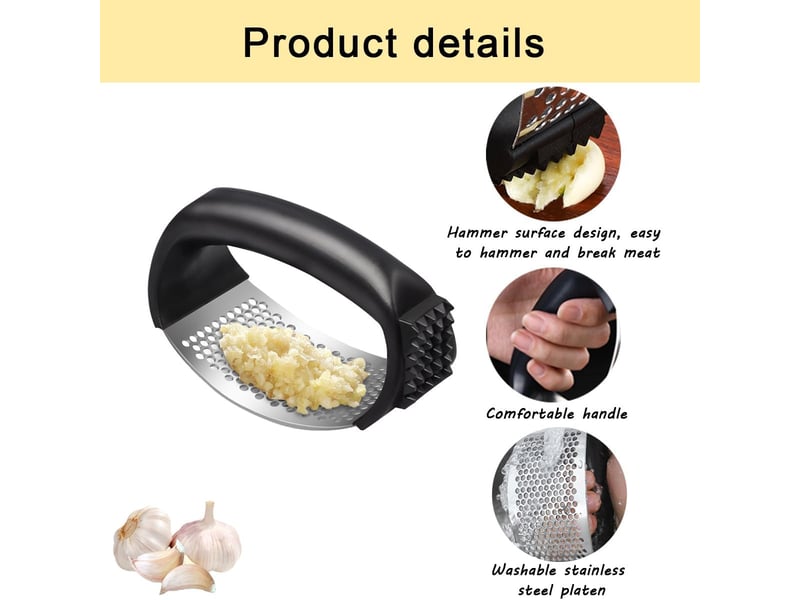  1 pc presse-ail, presse-ail noir, presse-ail en acier inoxydable, presse-ail manuel en acier inoxydable avec éplucheur d'ail en silicone et brosse  - Conforama C