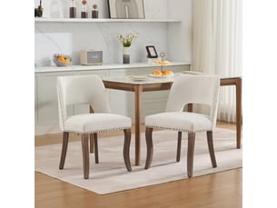 Lot de 2 chaises de salle à manger en tissu beige avec pieds en bois massif, style campagne chic