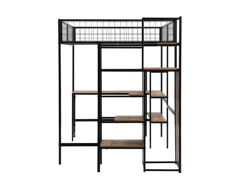  Lit mezzanine noir 140x200 cm en métal avec bureau, étagères et armoire intégrée  - Conforama D