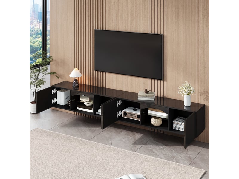  Meuble tv avec 4 portes, 2 casiers ouverts, éclairage led contrôlé par application, étagères en verre, meuble tv moderne en panneau de particules  - Conforama B
