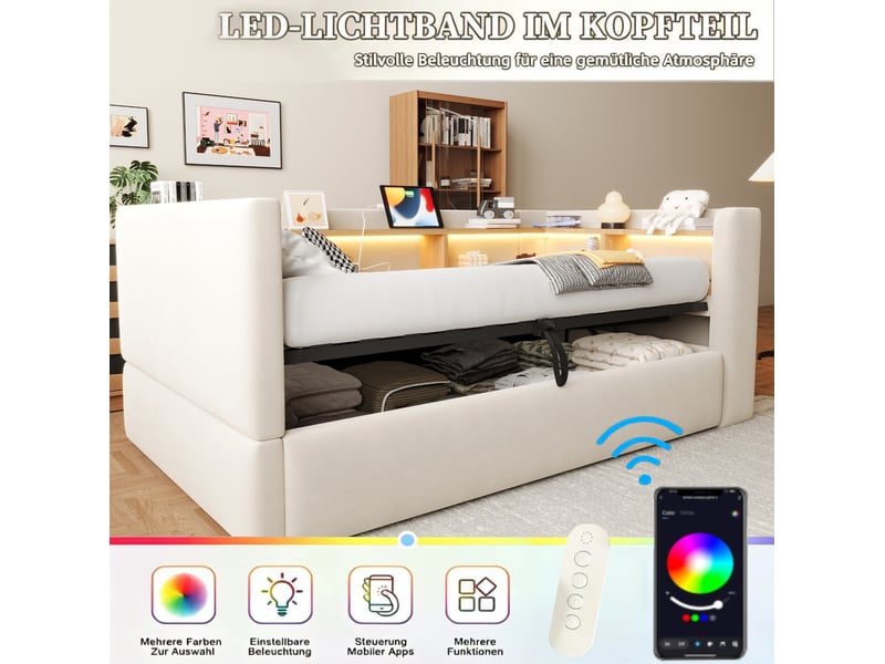  Lit coffre, 90x190 cm, solution de rangement hydraulique, sommier à lattes, led, espaces de rangement, coloris beige  - Conforama E