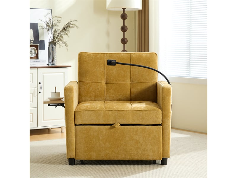  Fauteuil-lit 2-en-1 jaune moutarde en chenille avec coussin et rangements  - Conforama B