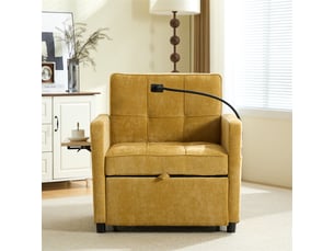 Fauteuil-lit 2-en-1 jaune moutarde en chenille avec coussin et rangements