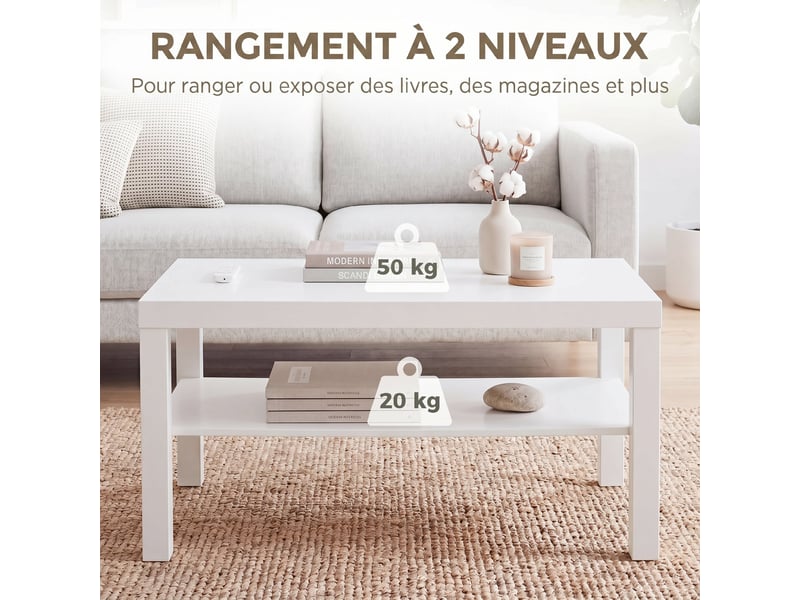  Table basse de salon, table d'appoint rectangulaire à 2 niveaux avec étagère de rangement, blanc, 90x45x44,5cm  - Conforama E