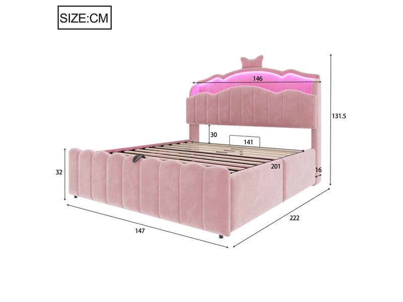  Lit coffre 2 places 140x200 cm - lit avec rangement hydraulique, tête de lit led, usb et usb-c - velours - rose  - Conforama C