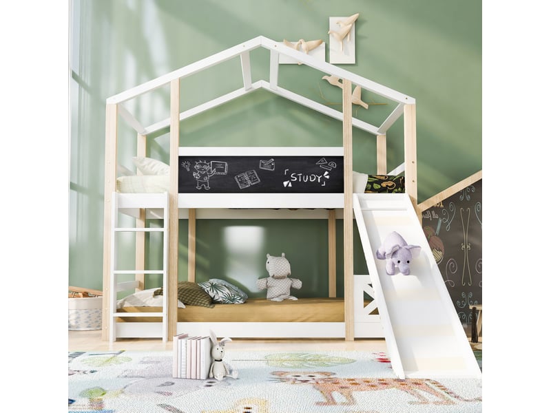  Modenvie lit mezzanine cabane enfant 90x200 cm - avec toboggan amovible et tableau, sans matelas - blanc  - Conforama E