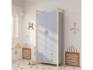 Armoire de rangement - merax - armoire chambre 2 portes avec 2 tiroirs et penderie - bleu & pin naturel - 90×45×180 cm