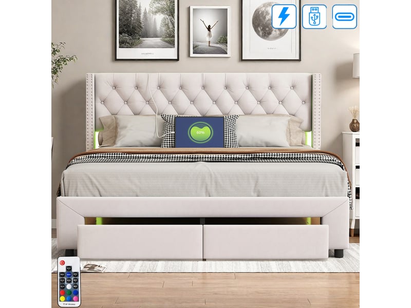  Lit coffre double avec 2 tiroirs - 140x190 cm - lit capitonné complet avec éclairage led et charge usb - sommier à lattes - 2 places2 personnes - tissu en velours  - tiroir de lit - chambre adulteadolescentenfant - cadre de lit …  - Conforama W