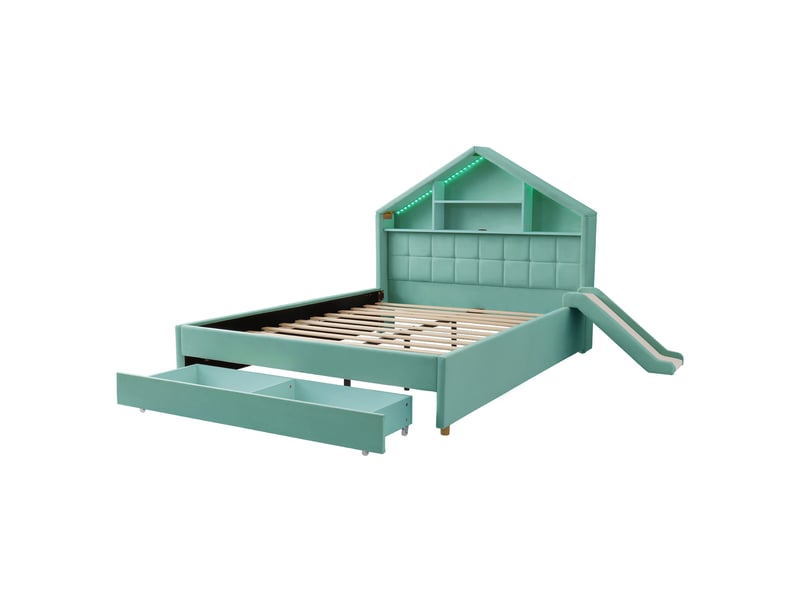 Lit cabane enfant 140×200 cm rembourré, toboggan, led, rangement, bleu canard - Conforama E