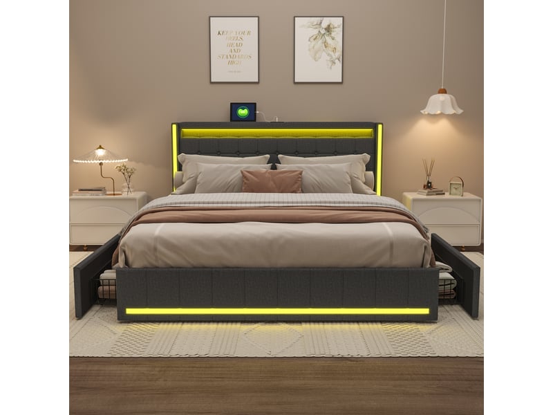  Lit double adulte 180x200, lit 180x200, 4 tiroirs, bandeau led et port usb, tissu en lin, gris  - Conforama B