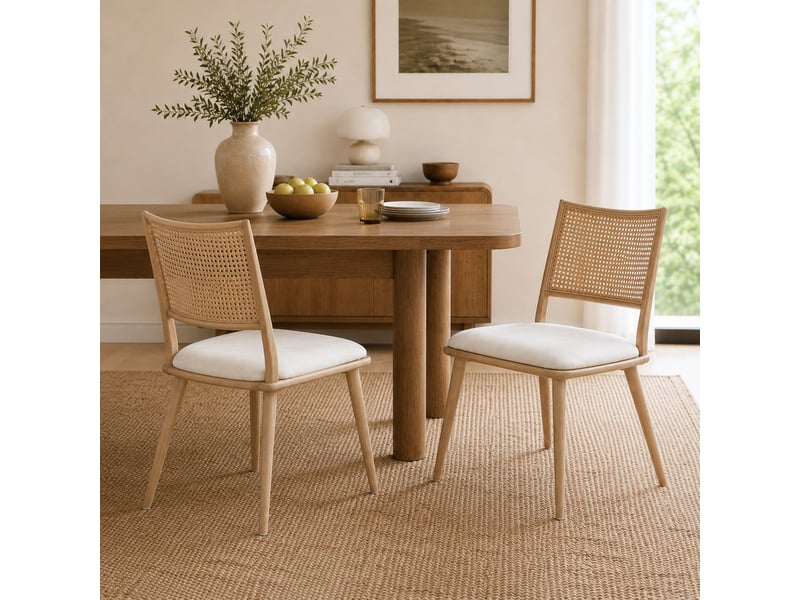 Chaise de salle à manger lot de 2 avec dossier en rotin et assise rembourrée en pu, structure métallique beige - Conforama E