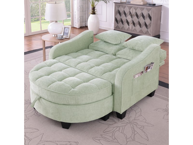 Canapé convertible 1 place, lit d’appoint 1 personne, 132x129x93 cm, canapé-lit 2 en 1, pouf de rangement, tissu chenille, bois d’eucalyptus, cyan - Conforama E