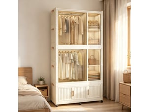 Armoire modulable pliable 92x45x196 cm à roulettes, 9 portes magnétiques, pp beige