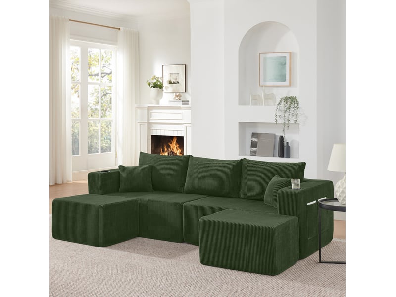  Canapé d'angle modulaire 3 places avec ottomanes mobiles, porte-gobelets et poches latérales en velours côtelé vert  - Conforama D