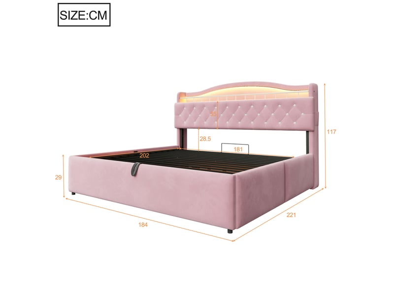  Lit capitonné 180*200 cm rose, coffre hydraulique, led, usb-c, tête avec rangements et cadre métal stable  - Conforama B