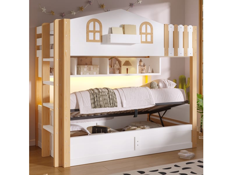  Lit superposé 90x200 cm rangement hydraulique et led en bois de pin et mdf, blanc et coloris naturel  - Conforama B